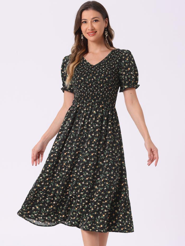 Allegra K Floral Shirred Puff Short Sleeves V Neck Ruffled Hem Midi Dress