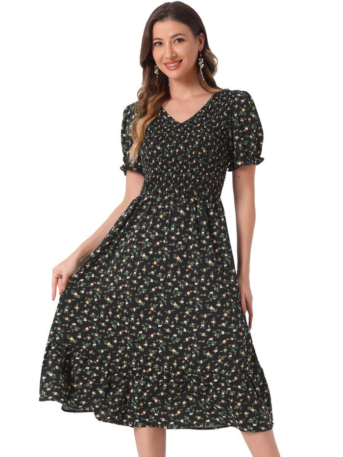 Allegra K Floral Shirred Puff Short Sleeves V Neck Ruffled Hem Midi Dress