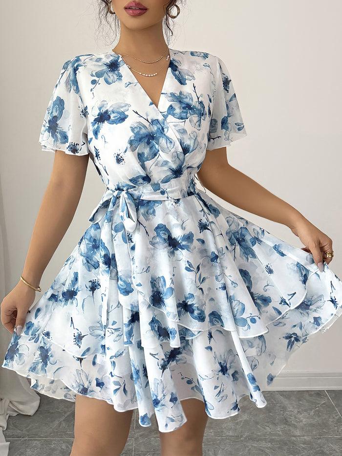 allegra k Floral Short Sleeve Tie Waist Layered Mini Dress