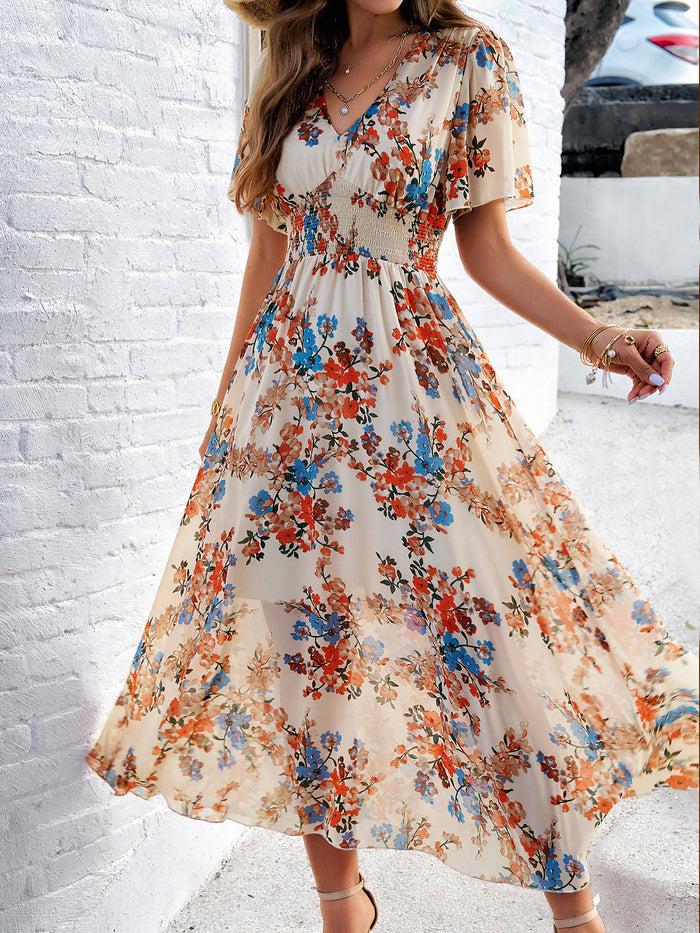 Allegra K Floral Short Sleeves Smocked Chiffon Dress