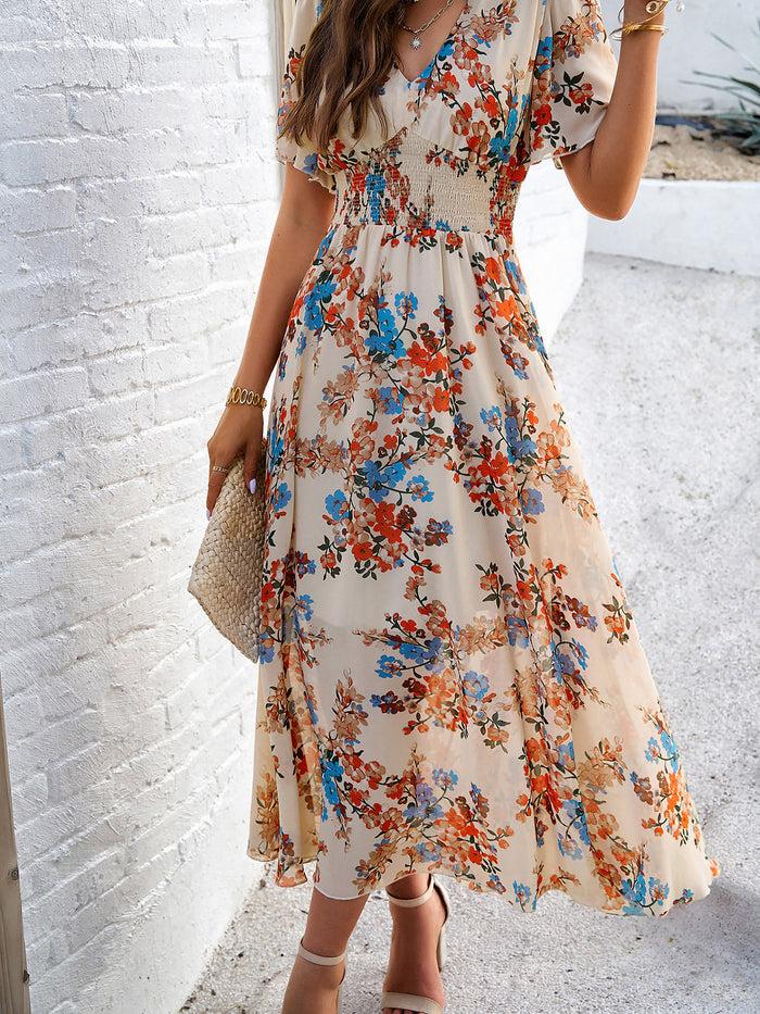 allegra k Floral Short Sleeves Smocked Chiffon Dress