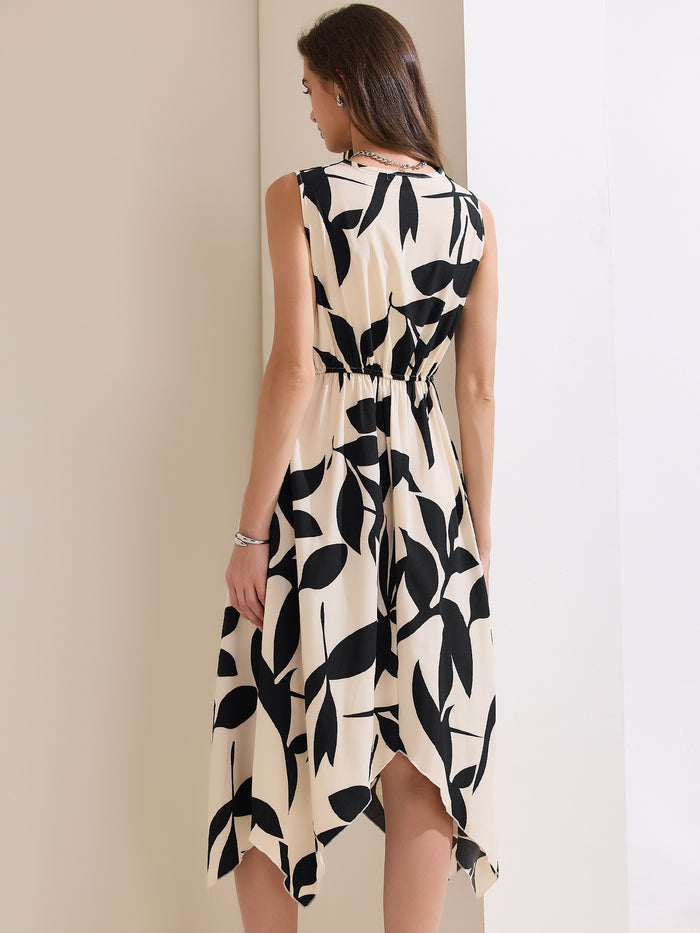 Allegra K Floral Sleeveless Deep V Neck Irregular Hem Midi Dress