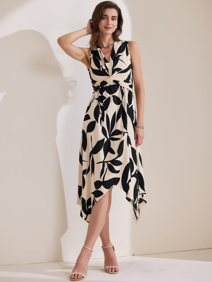 allegra k Floral Sleeveless Deep V Neck Irregular Hem Midi Dress