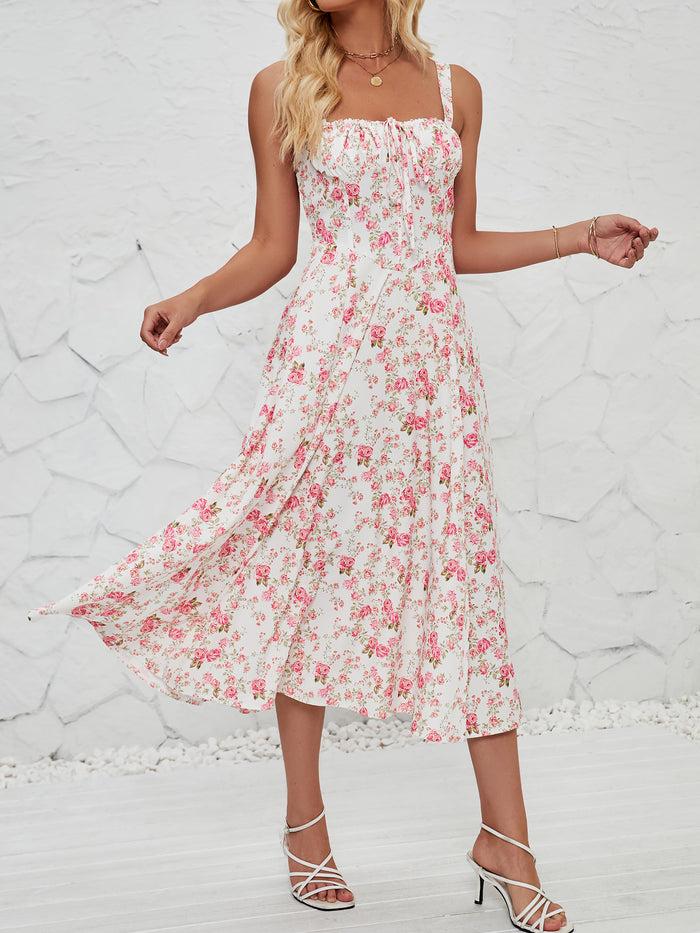 Allegra K Floral Sleeveless Lace-Up Side Slit Dress Sundress