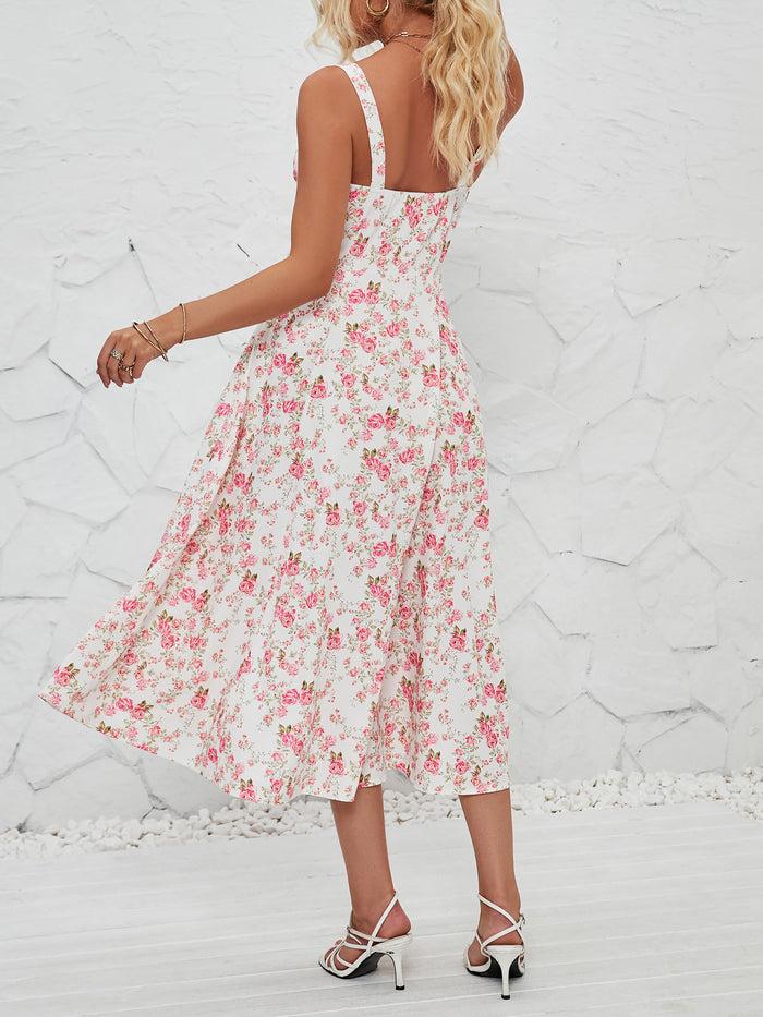 Allegra K Floral Sleeveless Lace-Up Side Slit Dress Sundress
