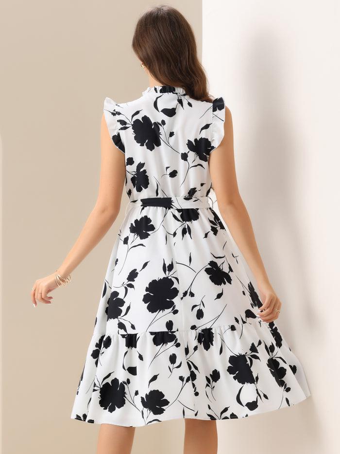 Allegra K Floral Sleeveless Ruffle Neck Lace-Up Midi Dress