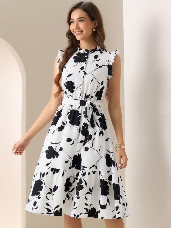 allegra k Floral Sleeveless Ruffle Neck Lace-Up Midi Dress
