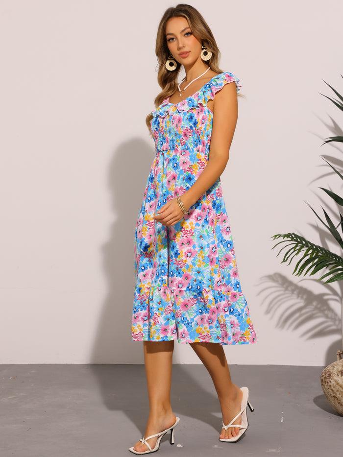 Allegra K Floral Sleeveless Smocked Ruffled Midi Dress