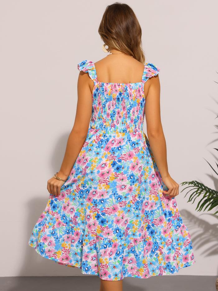 Allegra K Floral Sleeveless Smocked Ruffled Midi Dress