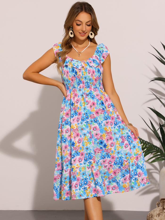 allegra k Floral Sleeveless Smocked Ruffled Midi Dress