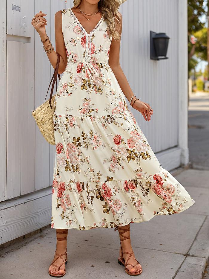 Allegra K Floral Sleeveless Tiered A-Line Dress Sundress