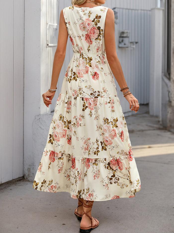 Allegra K Floral Sleeveless Tiered A-Line Dress Sundress