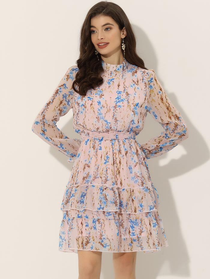 Allegra K Floral Smocked Waist Sheer Sleeve Ruffle Layers Chiffon Dress