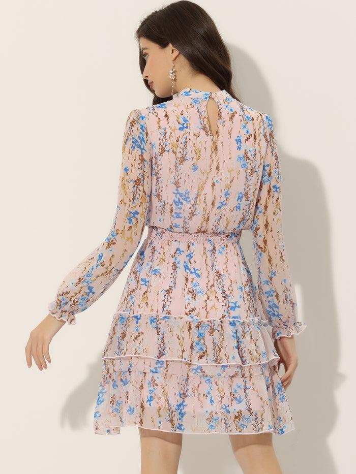 Allegra K Floral Smocked Waist Sheer Sleeve Ruffle Layers Chiffon Dress