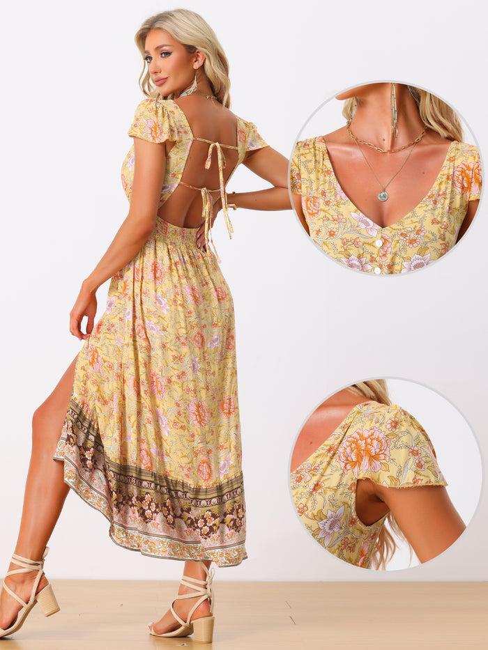Allegra K Floral Smocked Waist Short Sleeves V Neck Backless Long Boho Dress