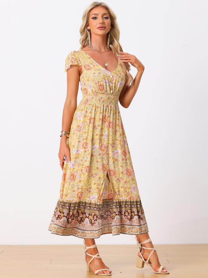 Allegra K Floral Smocked Waist Short Sleeves V Neck Backless Long Boho Dress