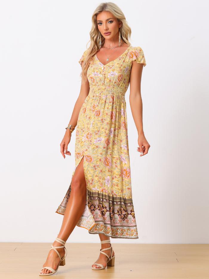 allegra k Floral Smocked Waist Short Sleeves V Neck Backless Long Boho Dress
