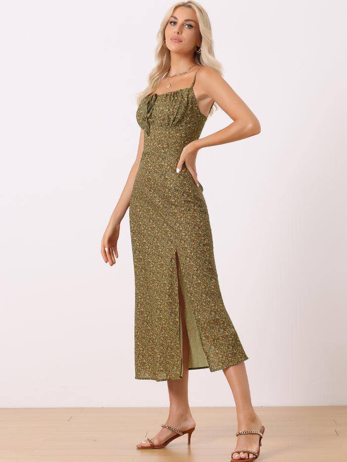 Allegra K Floral Spaghetti Strap Casual Low Cut Midi Slit Dress