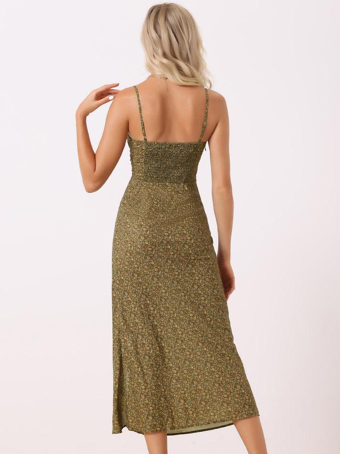 Allegra K Floral Spaghetti Strap Casual Low Cut Midi Slit Dress