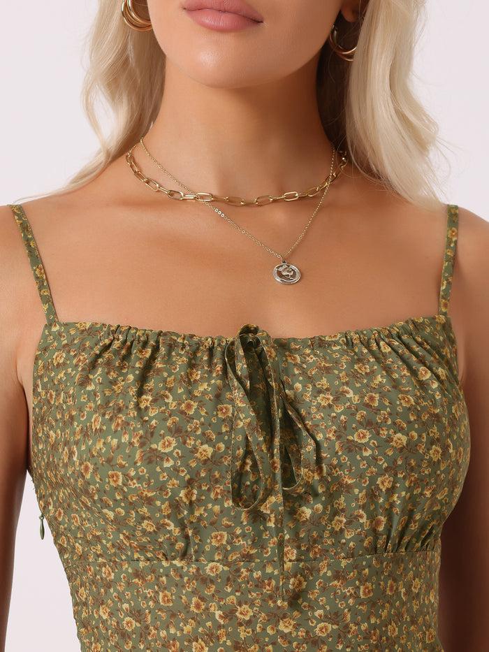 Allegra K Floral Spaghetti Strap Casual Low Cut Midi Slit Dress