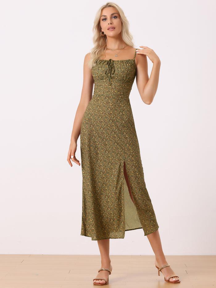 allegra k Floral Spaghetti Strap Casual Low Cut Midi Slit Dress