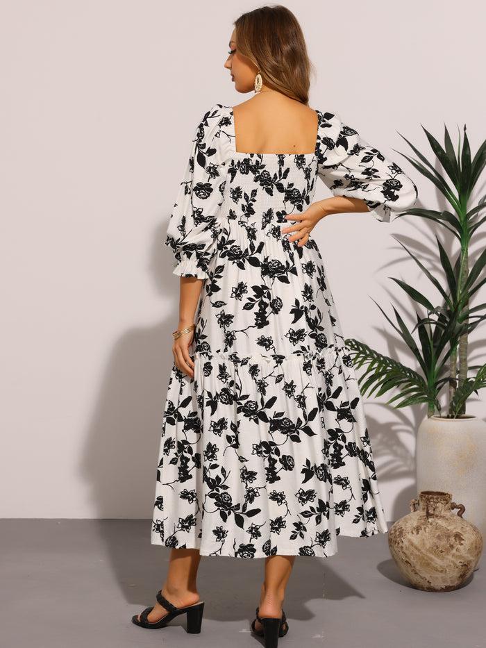 Allegra K Floral Square Neck 3/4 Sleeve A-Line Smocked Midi Dress