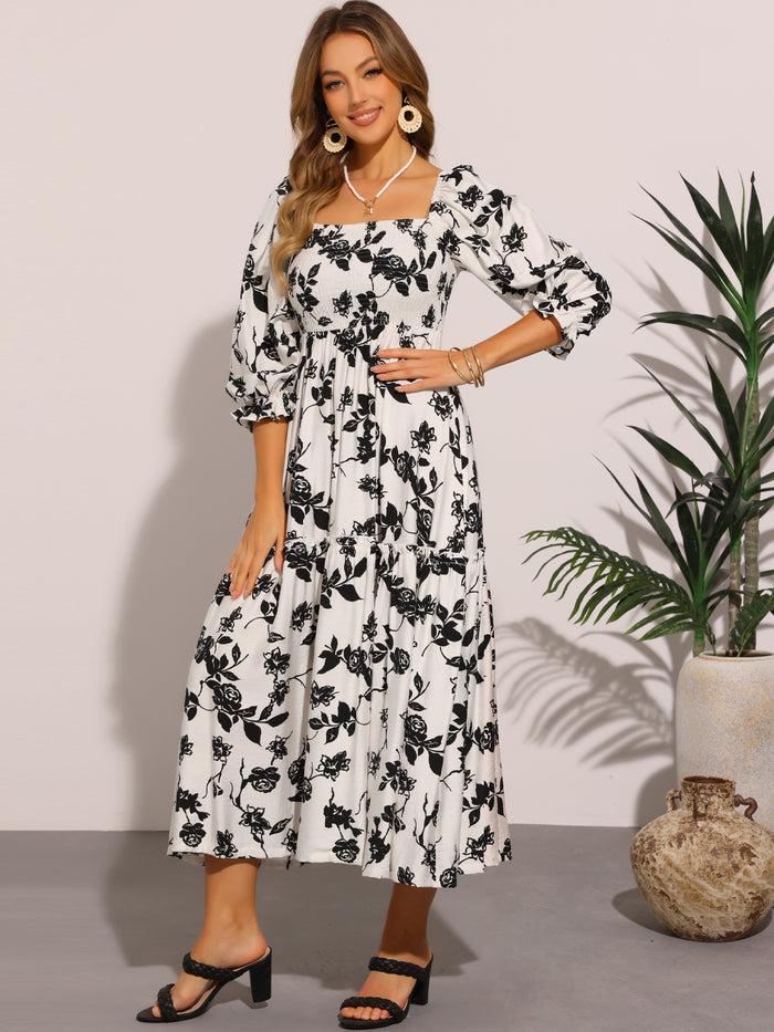 Allegra K Floral Square Neck 3/4 Sleeve A-Line Smocked Midi Dress