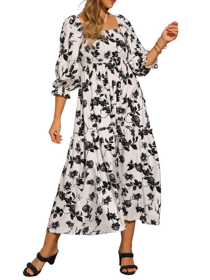 Allegra K Floral Square Neck 3/4 Sleeve A-Line Smocked Midi Dress