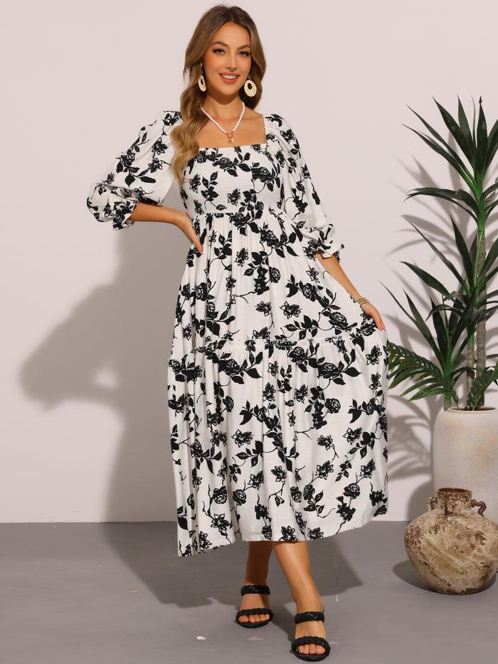 allegra k Floral Square Neck 3/4 Sleeve A-Line Smocked Midi Dress