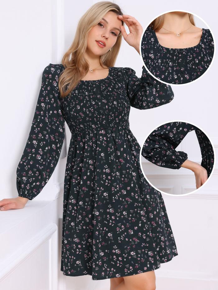 Allegra K Floral Square Neck Buttoned Smocked Midi Dress