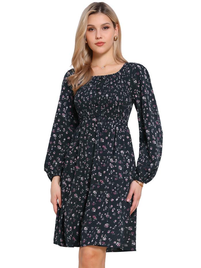 Allegra K Floral Square Neck Buttoned Smocked Midi Dress