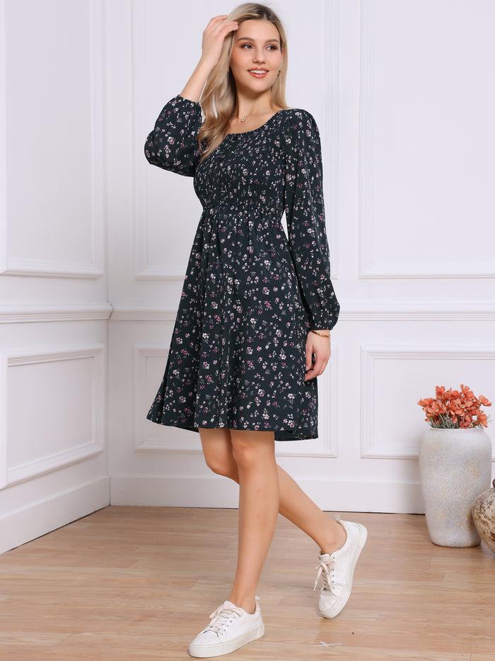 allegra k Floral Square Neck Buttoned Smocked Midi Dress
