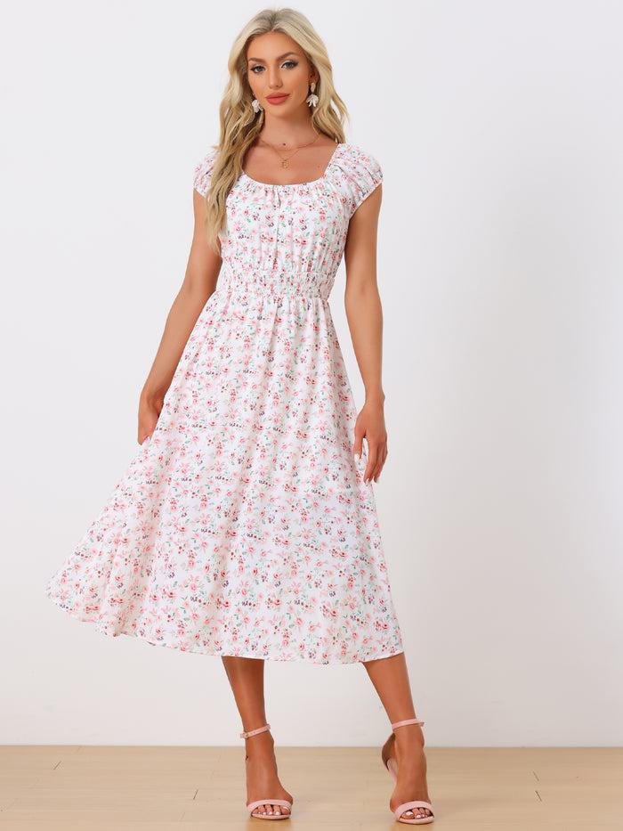 Allegra K Floral Square Neck Elastic Waist Flare Midi Dress