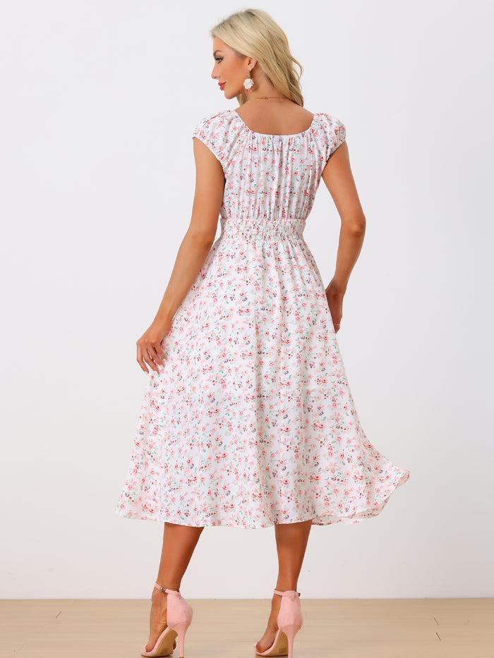 Allegra K Floral Square Neck Elastic Waist Flare Midi Dress