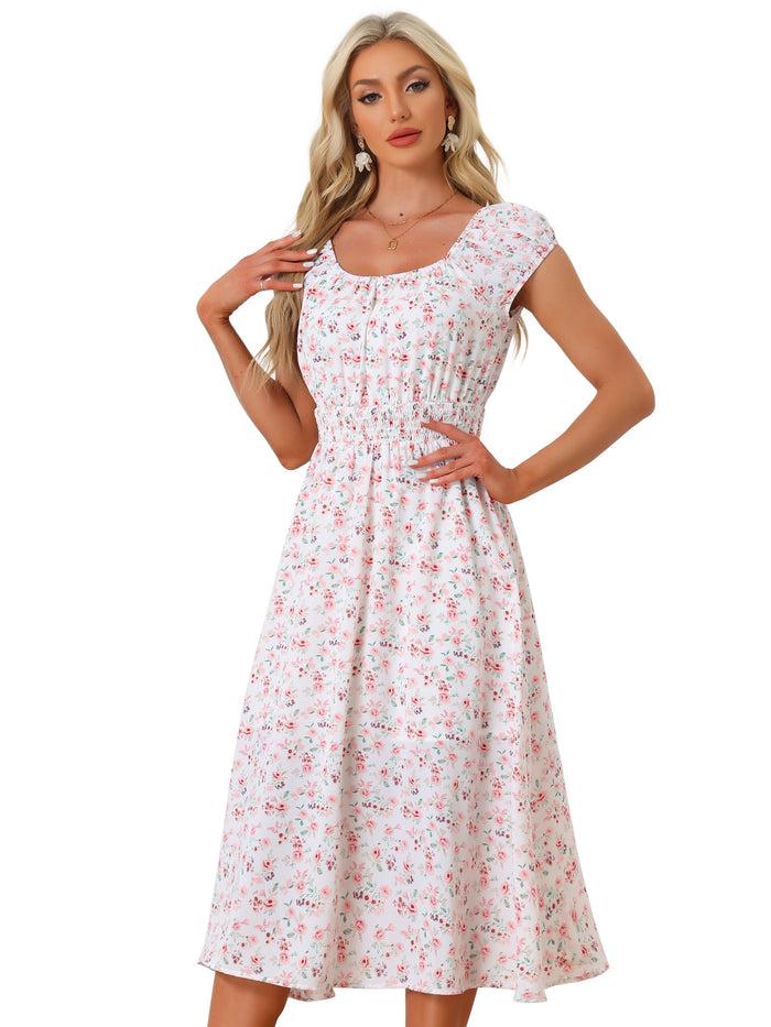 Allegra K Floral Square Neck Elastic Waist Flare Midi Dress