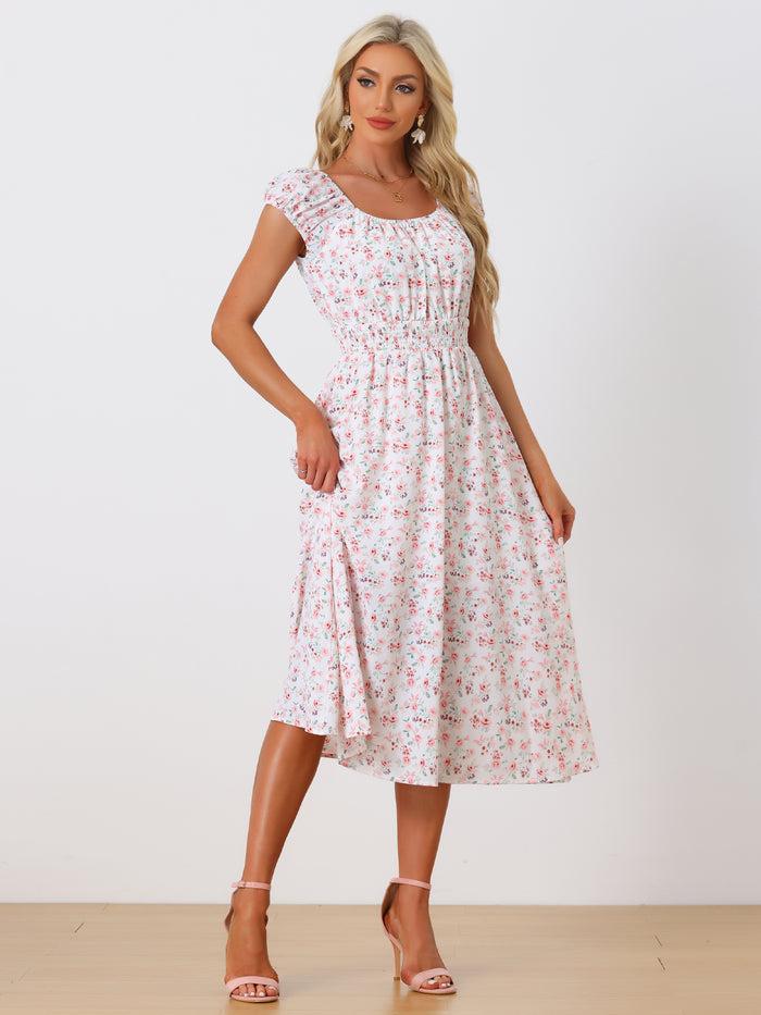 allegra k Floral Square Neck Elastic Waist Flare Midi Dress