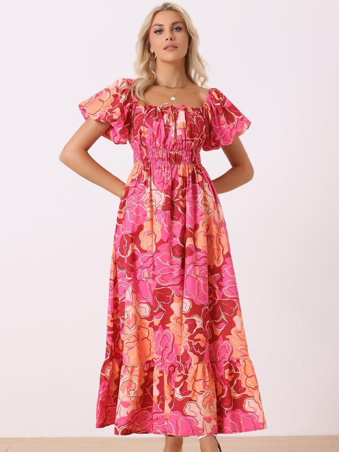 Allegra K Floral Square Neck Puff Short Sleeves Boho Maxi Dress