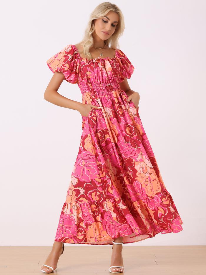allegra k Floral Square Neck Puff Short Sleeves Boho Maxi Dress