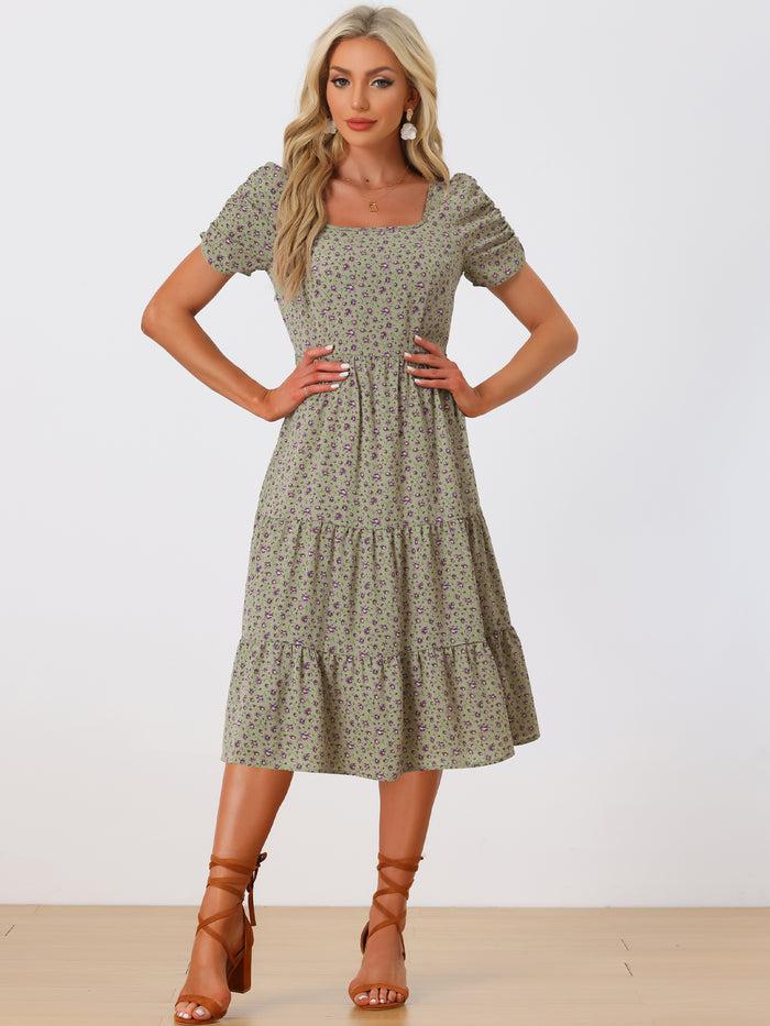 Allegra K Floral Square Neck Puff Short Sleeves Tiered Ruffled Hem Dress