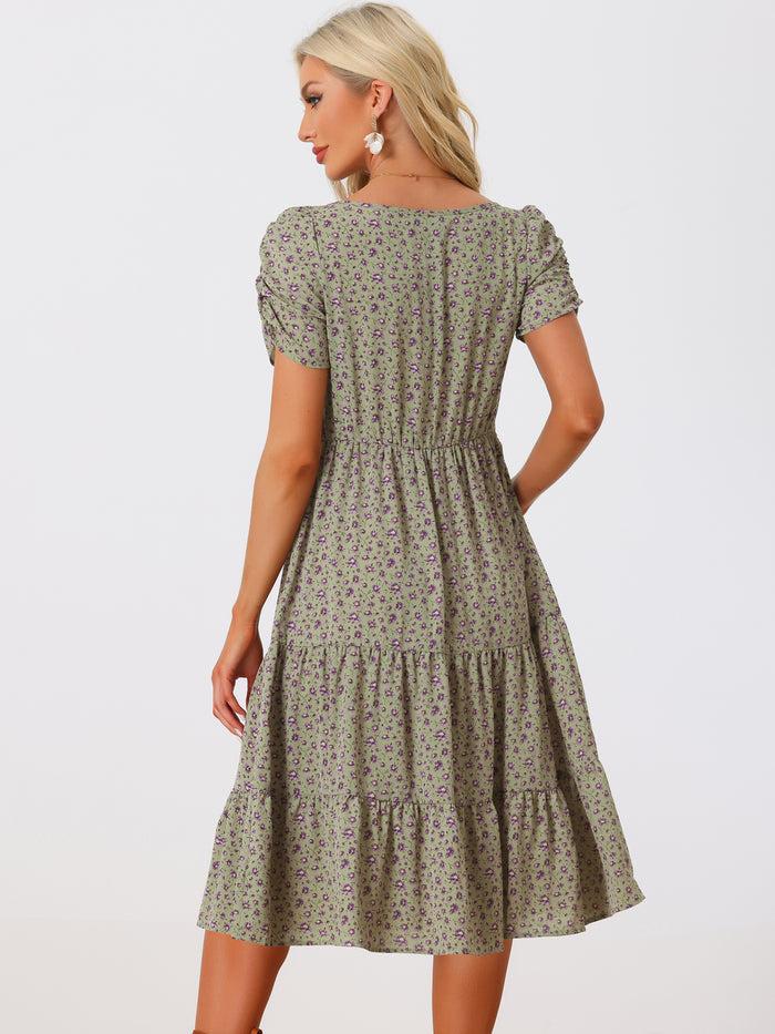 Allegra K Floral Square Neck Puff Short Sleeves Tiered Ruffled Hem Dress
