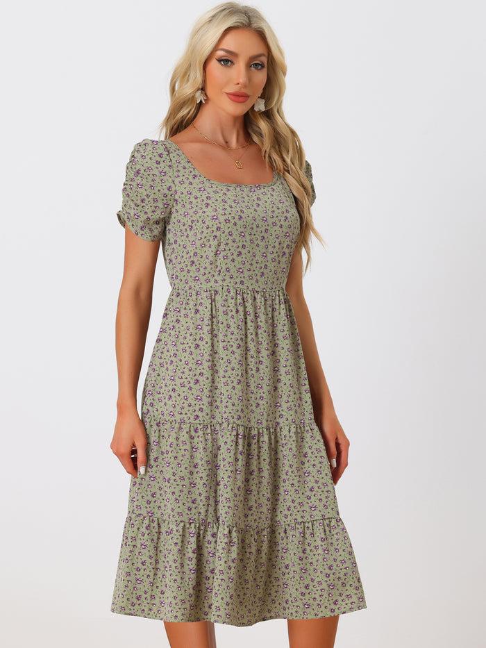allegra k Floral Square Neck Puff Short Sleeves Tiered Ruffled Hem Dress