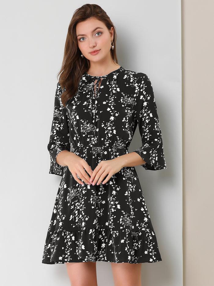 Allegra K Floral Tie Keyhole Neck Bell Sleeve Ruffle Dress