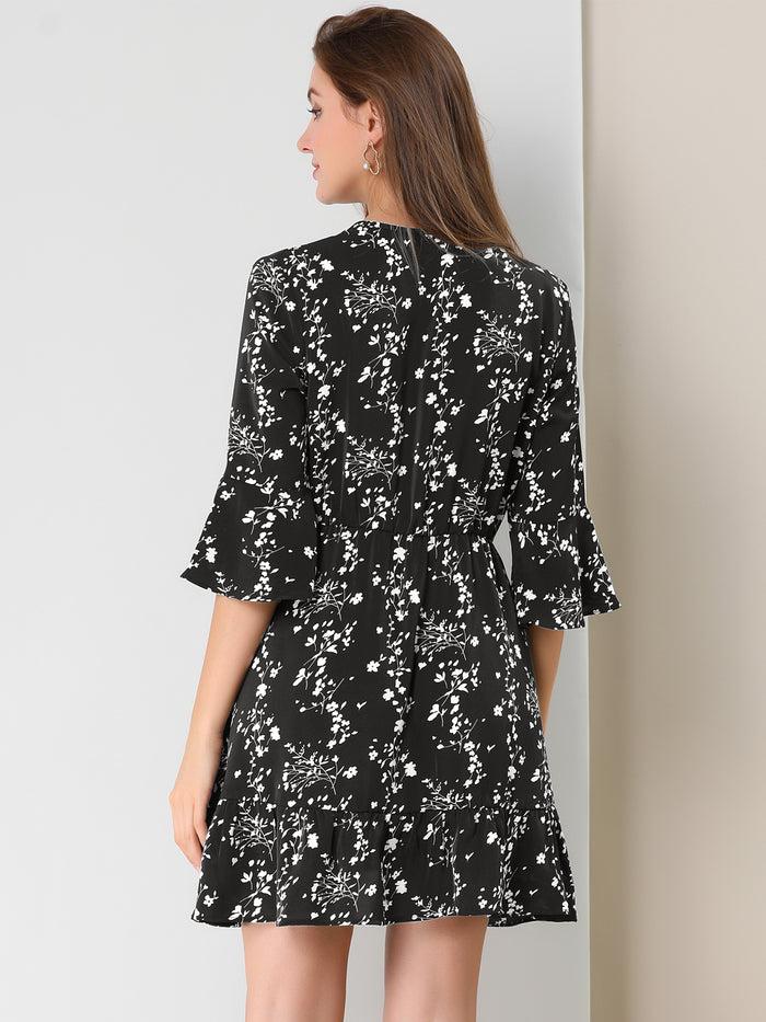Allegra K Floral Tie Keyhole Neck Bell Sleeve Ruffle Dress