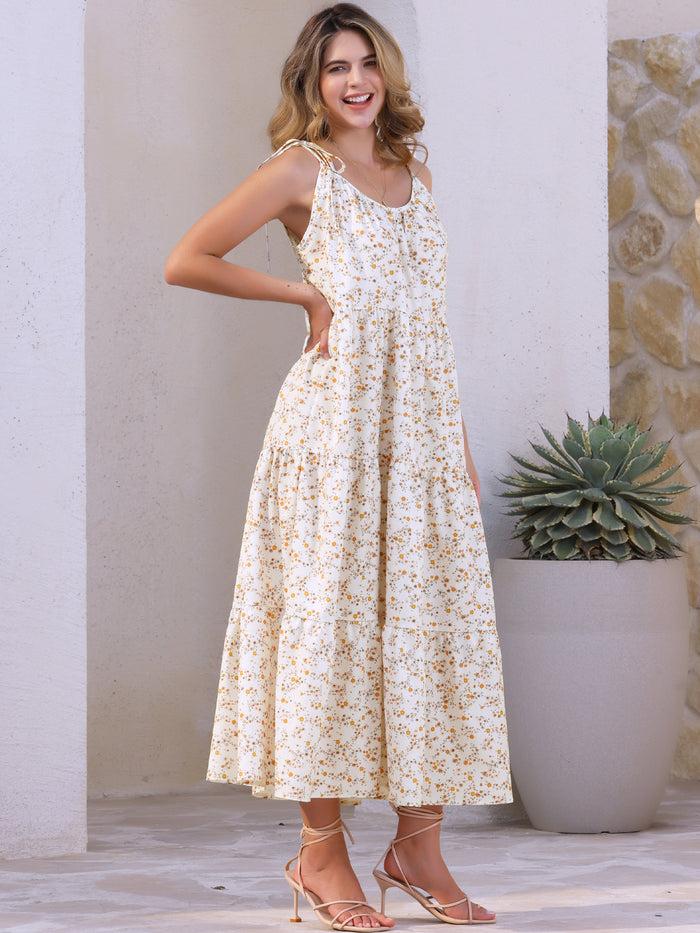 Allegra K Floral Tie Shoulder Sleeveless Casual Tiered Dress