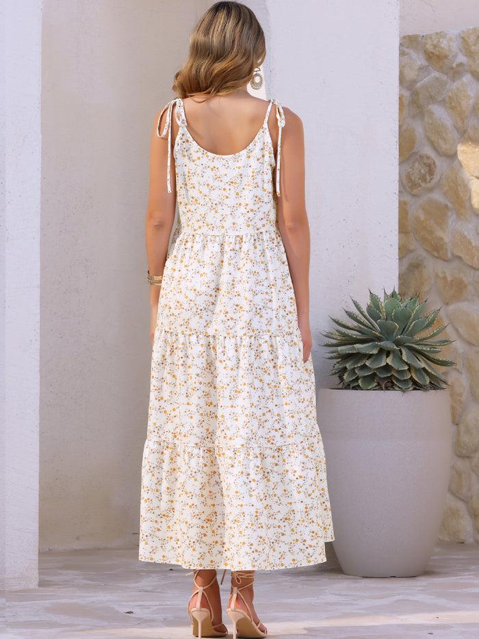 Allegra K Floral Tie Shoulder Sleeveless Casual Tiered Dress