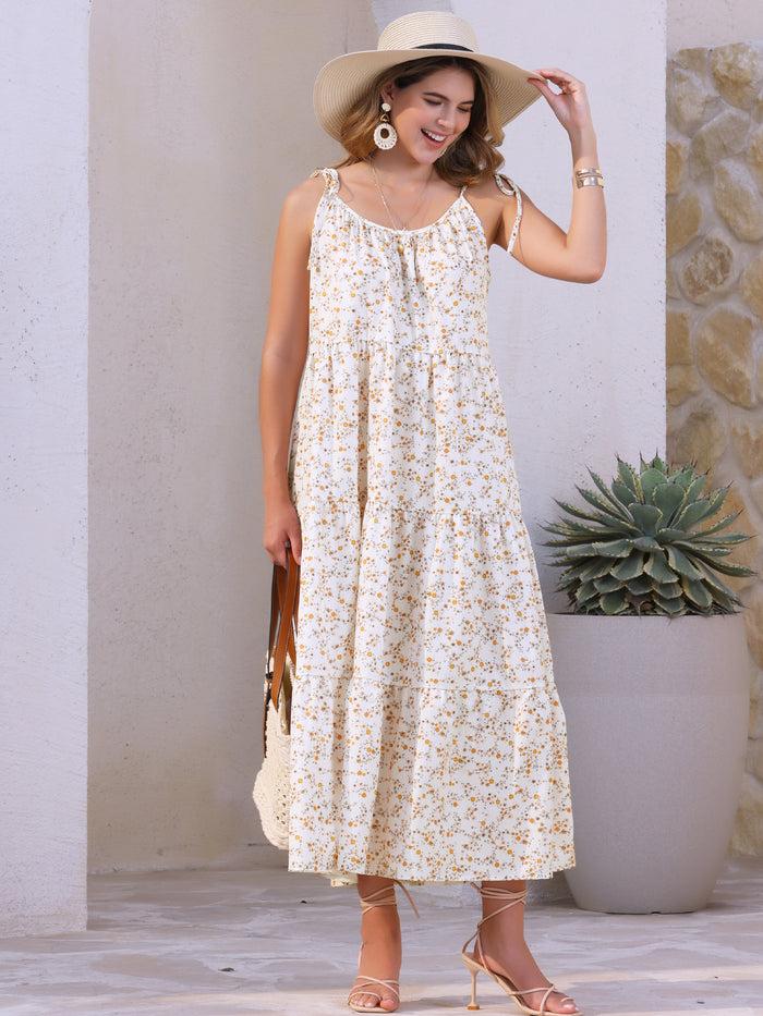 allegra k Floral Tie Shoulder Sleeveless Casual Tiered Dress