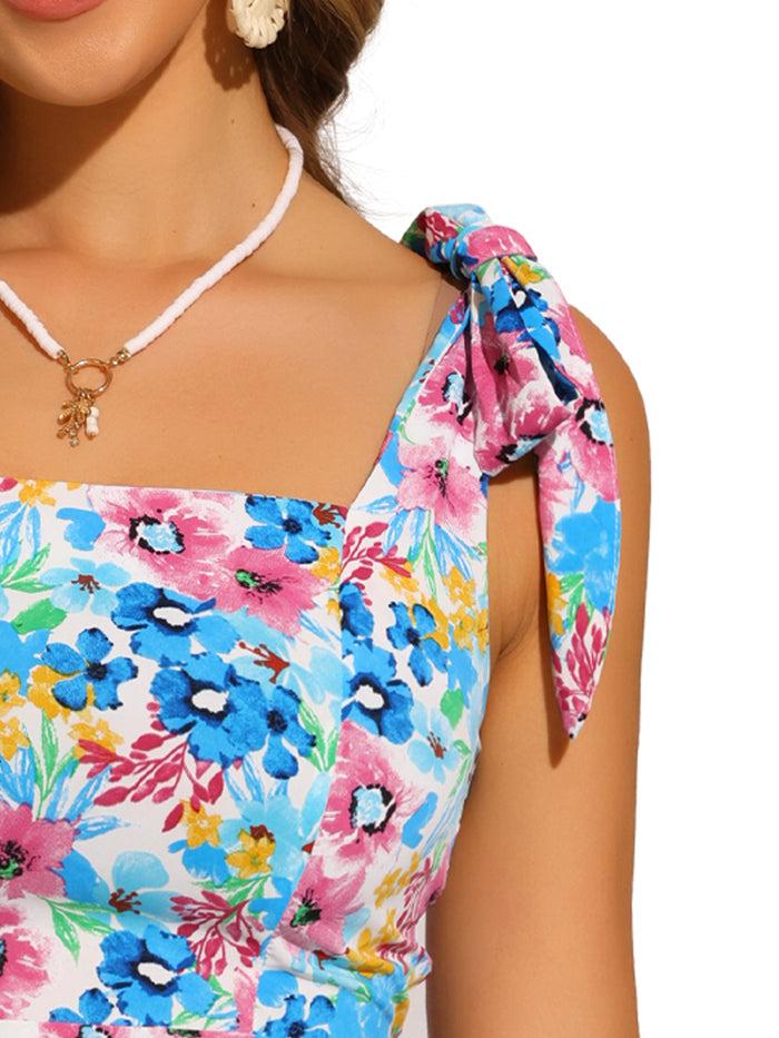 Allegra K Floral Tie Shoulder Smocked Mini Dress Sundress