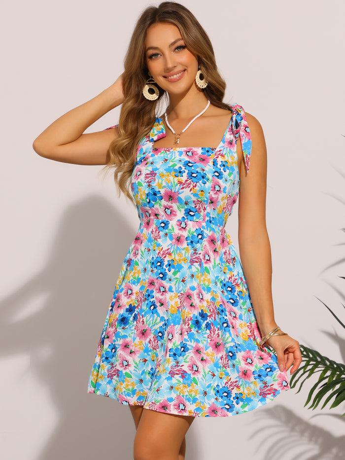 allegra k Floral Tie Shoulder Smocked Mini Dress Sundress