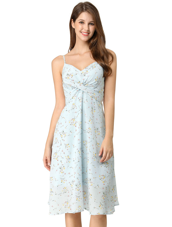 Allegra K Floral Twist Front Knee Length Summer Adjustable Strap Dress