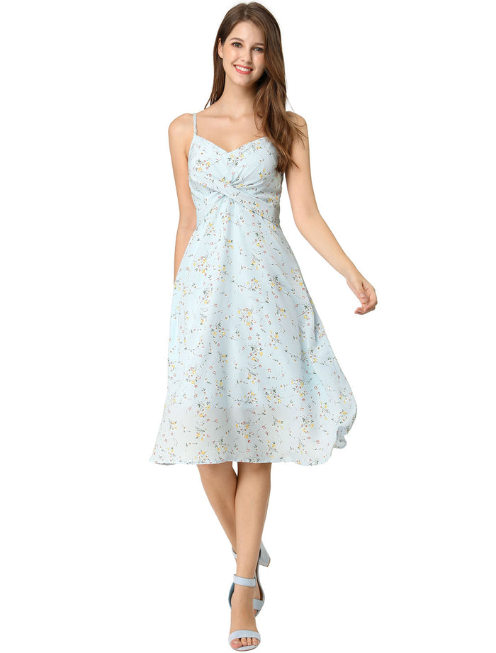 Allegra K Floral Twist Front Knee Length Summer Adjustable Strap Dress
